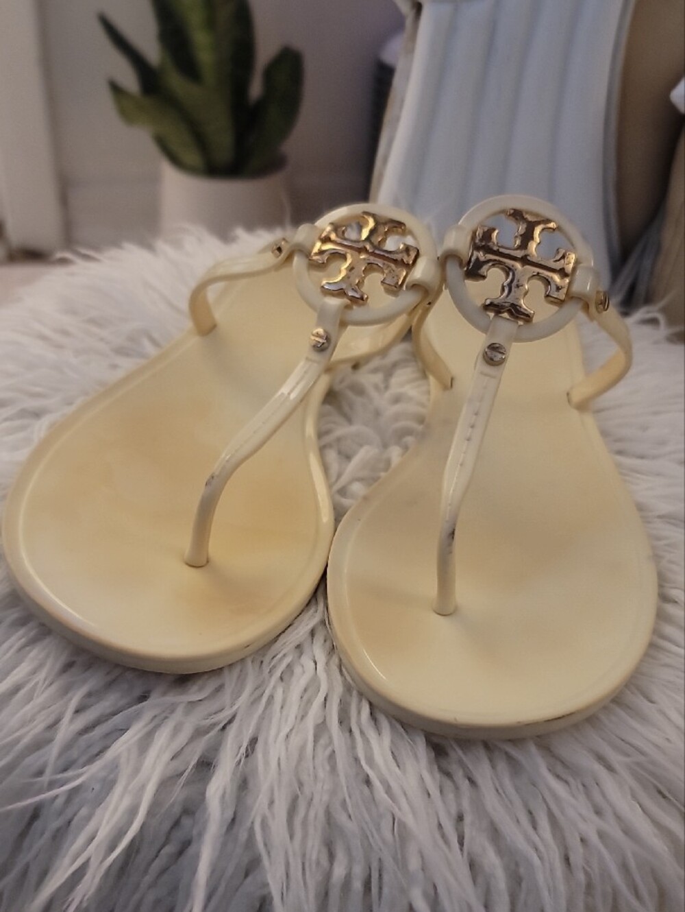 Tory Burch Ivory Logo T-Strap Jelly Sandals with Gold Accent